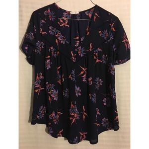 Dark Blue Floral V-Neck Blouse